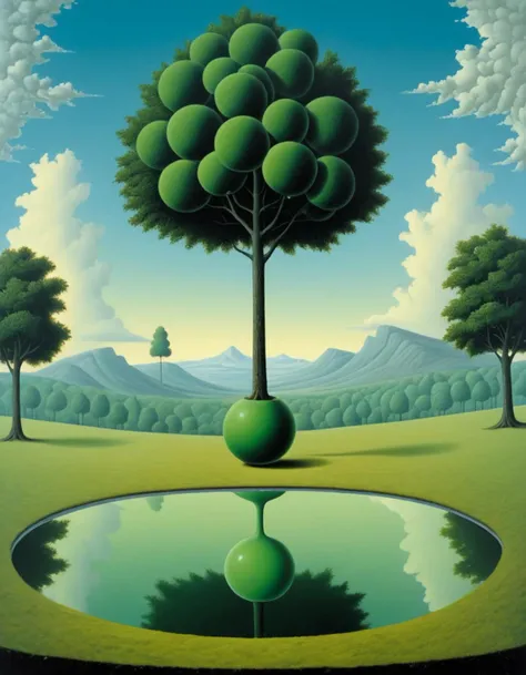 <lora:FF_Style_Rene-Magritte:1> in the style of rene magritte,rene magritte style,rene magritte art,rene magrittea painting of a tree with green balls, surreal scene, sergey krasovskiy, sergey zabelin, surrealism painting, fantasy, alexey egorov, surrealist painting, inspired by Vladimir Kush, surreal painting, jacek yerka and vladimir kush, surrealist conceptual art, surrealist landscape painting, surrealistic painting, a surrealist painting