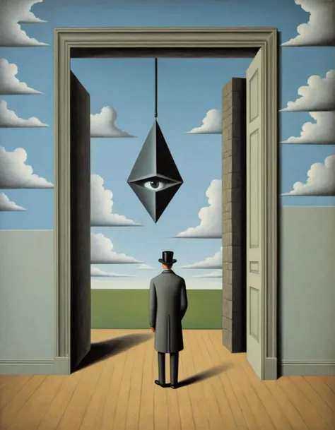 Cubist artwork <lora:FF_Style_Rene-Magritte:1> in the style of rene magritte,rene magritte style,rene magritte art,rene magrittea man is walking through a doorway with an eye in the middle, surrealist painting, surrealist art, 4 k surrealism, surrealism art, a surrealist painting, surrealistic painting, highly detailed surrealist art, surreal art, neo surrealism, surrealism painting, surrealist art style, emotional surrealist art, surreal painting, surreal oil painting, surrealist oil painting . Geometric shapes, abstract, innovative, revolutionary