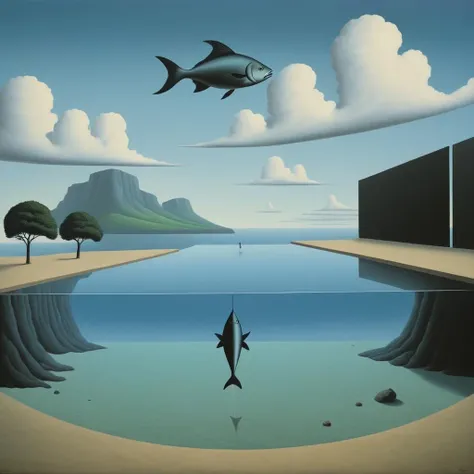 <lora:FF_Style_Rene-Magritte:1> in the style of rene magritte, rene magritte style, rene magritte art, concept art, landscape of a Astonishing (Flying Fish Cove:1.1) and British Market, Smoky Conditions, Depth of field 100mm, surreal existentialism, surrealist painting, surreal painting, surrealism painting