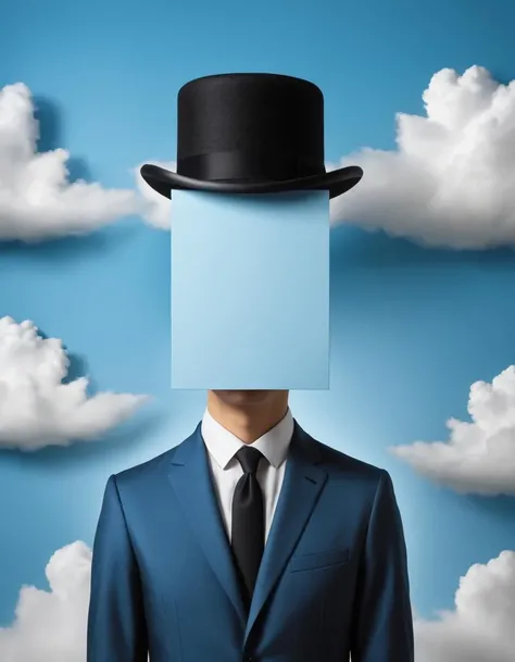 Cubist artwork <lora:FF_Style_Rene-Magritte:1> in the style of rene magritte,rene magritte style,rene magritte art,rene magrittea man in a suit with a hat made of paper, in style of rene magritte, inspired by Ren Magritte, inspired by Rene Magritte, surreal portrait photography, blue head, surreal portrait, cloud hair, surreal avantgarde style, fine art fashion photography, face made out of clouds, surrealism portrait, surreal style . Geometric shapes, abstract, innovative, revolutionary