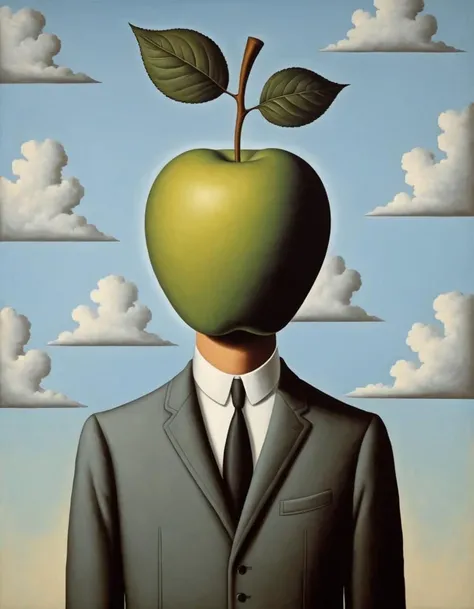 Cubist artwork <lora:FF_Style_Rene-Magritte:1> in the style of rene magritte,rene magritte style,rene magritte art,rene magrittea painting of a man in a suit and an apple on his head, rene magritte hyperdetailed, magritte painting, rene magritte detailed, inspired by Ren Magritte, magritte, in style of rene magritte, inspired by Rene Magritte, by Ren Magritte, inspired by John Brack . Geometric shapes, abstract, innovative, revolutionary