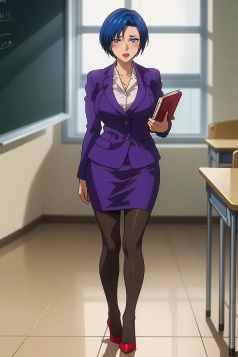 masterpiece, high quality, detailed, cinematic lighting, shadows, digital official art, 
AojikaMizuho, 1girl, solo, mature female, standing, holding book, full body,
looking at viewer, blush, teeth,
short hair, blue hair, blue eyes, red lips,
purple blazer, white shirt, pencil skirt, thighhighs, red high heels,
curvy, large breasts, thighs, 
indoors, classroom, chalkboard, window, day,
 <lora:AojikaMizuho:1>