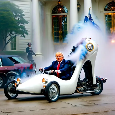 Action Films donald trump driving a (hhc:1.15), sit inside, high heel,masterpice, 8k, fog, handle bar,washington white house,,, Action Films, often for intense sequences, heroic characters, or adrenaline-fueled excitement.