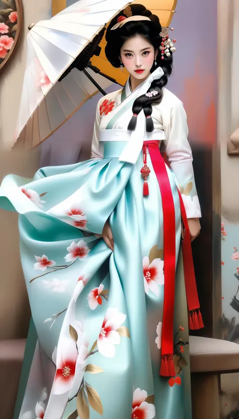 Masterpiece, best quality, hi res, 8k, hi res, 8k, award winning , (realistic oil painting style, sharp focus, intricate, detailed illustration, dirty muted colour palette, highly detailed, aesthetic, moist skin, shiny skin, glossy skin, a woman in a hanbok, and a white hat posing for a picture in a hanbok, and fur hat,in the style of pastel hues, gongbi, shiny/glossy, fairycore, 32k uhd, sonian, feminine sensibility <lora:SDXL_Gisaeng_LoRA_beta1:0.3>
