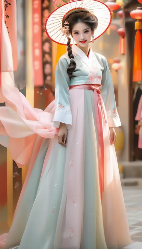Masterpiece, best quality, hi res, 8k, hi res, 8k, award winning , (realistic oil painting style, sharp focus, intricate, detailed illustration, dirty muted colour palette, highly detailed, aesthetic, moist skin, shiny skin, glossy skin, a woman in a hanbok, and a white hat posing for a picture in a hanbok, and fur hat,in the style of pastel hues, gongbi, shiny/glossy, fairycore, 32k uhd, sonian, feminine sensibility <lora:SDXL_Gisaeng_LoRA_beta1:0.3>