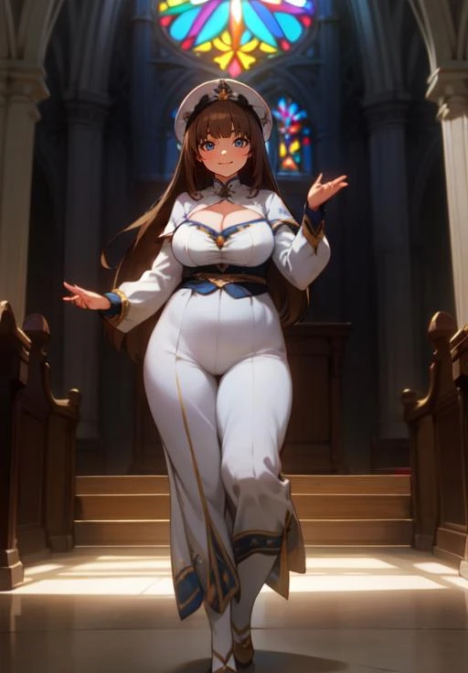 (masterpiece, best quality),(depth) of (field), <lora:Jilliana:0.6> lilliana, 1girl, long_hair, brown_hair, white_clothes, ornaments, long_sleeves, church, blue_eyes,large_breasts, cleavage <lora:Concept_Plump:0.8> Chubby, Plump, looking at viewer, smile, sun ray, fullbody, adult