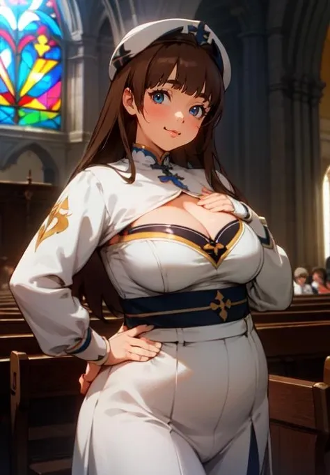 (masterpiece, best quality),(depth) of (field), <lora:Jilliana:0.6> lilliana, 1girl, long_hair, brown_hair, white_clothes, ornaments, long_sleeves, church, blue_eyes,large_breasts, cleavage <lora:Concept_Plump:0.8> Chubby, Plump, looking at viewer, smile, sunray, adult