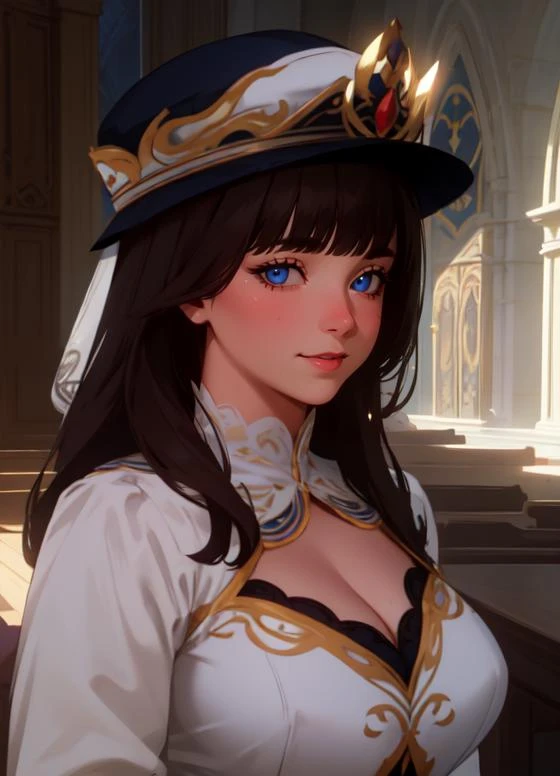 (masterpiece, best quality, ultra-detailed, best shadow), (detailed background,dark fantasy), (beautiful detailed face), (best illumination, an extremely delicate and beautiful), ((cinematic light)), colorful, hyper detail, dramatic light, intricate details, (depth) of (field), <lora:Jilliana:0.6> lilliana, hat,veil, 1girl, long_hair, brown_hair, white_clothes, ornaments, long_sleeves, church, blue_eyes,large_breasts, cleavage <lora:Concept_Plump:1> Chubby, Plump, looking at viewer, smile, sun ray, dress, face_focus,