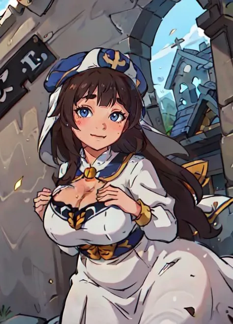 (masterpiece, best quality),(depth) of (field), <lora:Jilliana:0.6> lilliana, hat,veil, 1girl, long_hair, brown_hair, white_clothes, ornaments, long_sleeves, church, blue_eyes,large_breasts, cleavage <lora:Concept_Plump:1> Chubby, Plump, looking at viewer, smile, sun ray, dress, face_focus,, adult
