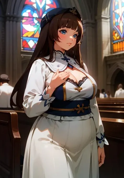 (masterpiece, best quality),(depth) of (field), <lora:Jilliana:0.6> lilliana, 1girl, long_hair, brown_hair, white_clothes, ornaments, long_sleeves, church, blue_eyes,large_breasts, cleavage <lora:Concept_Plump:0.8> Chubby, Plump, adult