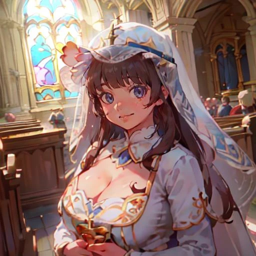 (masterpiece, best quality),(depth) of (field), <lora:Jilliana:0.6> lilliana, hat,veil, 1girl, long_hair, brown_hair, white_clothes, ornaments, long_sleeves, church, blue_eyes,large_breasts, cleavage <lora:Concept_Plump:1> Chubby, Plump, looking at viewer, smile, sun ray, dress, face_focus, <lora:pastel pink core:0.8> pastel pink baby, adult