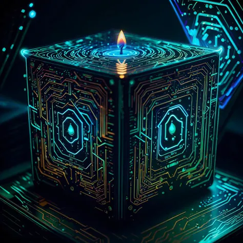Abstract neon light [cube candle on a table of books], artwork design, digital art, wallpaper, stunning, intricate, glowing, space background, 8k, HD, <lora:CircuitBoardAI:1.0><lora:CircuitBoardAI:1.0>