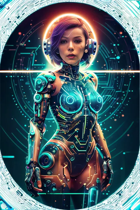 a photo of a cyborg girl, bodysuit, high key, [(white background:1.2),::5] ((circle), framing:1.2), (beautiful detailed color splash art:1.3), rotational symmetry,,CircuitBoardAI <lora:CircuitBoardAI:0.8>
