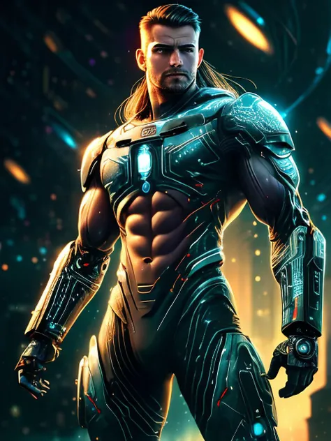 (CircuitBoardAI:1.25), (scifi:1.25), (one male).
Very detailed masculine face, heroic, detailed realistic open eyes, (muscular:1.5), narrow waist, (long hair), (slight smile).
detailed, intricate. Robotic arms and legs, (human torso and head), (shirtless) (topless male) (exposed chest), boots, bracers, shoulder guards.
Realistic, photoreal, High contrast, high saturation, highly detailed, high quality, masterpiece, volumetric light, vibrant colors, bokeh, depth of field.
<lora:BeautifulEyes:0.9>
<lora:CircuitBoardAI:0.9>