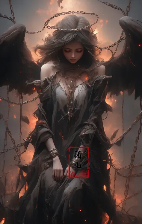 Epic CG masterpiece, a woman dressed in an angelic outfit in chains, delicate face, hdr,dtm, full ha,8K, ultra detailed graphic tension, dynamic poses, stunning colors, 3D rendering, surrealism, cinematic lighting effects, realism, 00 renderer, super realistic, full - body photos, super vista, super wide Angle, rich details, highest quality, extremely exquisite,
Black background1girl, chain, wings, solo, dress, blindfold, white dress, jewelry, veil, choker, ring, own hands together, angel wings, feathered wings, covered eyes, halo
 <lora:~Q?-Y)O Angel:0.8>