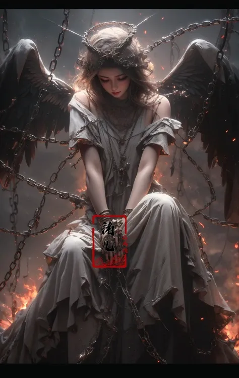 Epic CG masterpiece, a woman dressed in an angelic outfit in chains, delicate face, hdr,dtm, full ha,8K, ultra detailed graphic tension, dynamic poses, stunning colors, 3D rendering, surrealism, cinematic lighting effects, realism, 00 renderer, super realistic, full - body photos, super vista, super wide Angle, rich details, highest quality, extremely exquisite,
Black background1girl, chain, wings, solo, dress, blindfold, white dress, jewelry, veil, choker, ring, own hands together, angel wings, feathered wings, covered eyes, halo
 <lora:~Q?-Y)O Angel:0.8>
