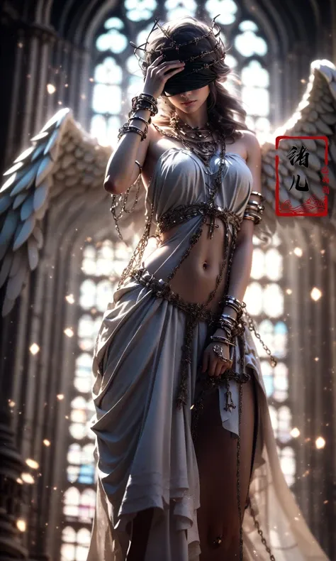 (dramatic, gritty, intense:1.4),masterpiece, best quality, 32k uhd, (Light and dark contrast, high contrast, high saturation:1.3)
Epic CG masterpiece, a woman dressed in an angelic outfit in chains, delicate face, blackblindfold,hdr,dtm, full ha,8K, ultra detailed graphic tension, dynamic poses, stunning colors, 3D rendering, surrealism, cinematic lighting effects, realism, 00 renderer, super realistic, full - body photos, super vista, super wide Angle, rich details, highest quality, extremely exquisite, gorgeous light and shadow, HD,
(solo:1.3), Angelangel wingswingsfeathered wingsstrapless dressshacklesbare shouldershalo, covered eyes, (Milky skin, shiny skin:1.5)(white hair:1.2), (exposed abdomen:1.2)navel(long legs:1.3),   (churchstained glass:1.4)jewelry 
<lora:Angel_20231023144902-000020:1>