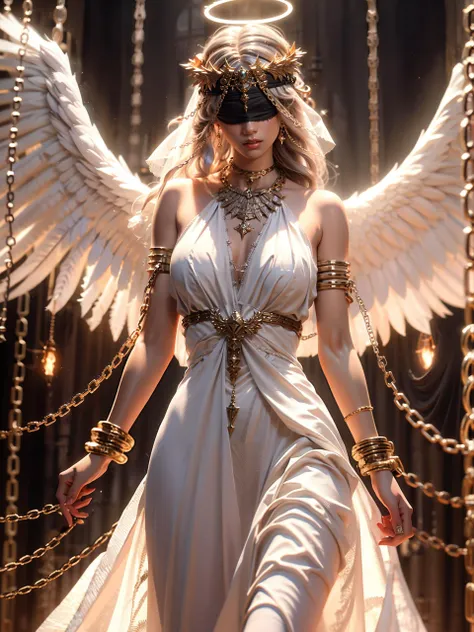 Epic CG masterpiece, a woman dressed in an angelic outfit in chains, delicate face, hdr,dtm, full ha,8K, ultra detailed graphic tension, dynamic poses, stunning colors, 3D rendering, surrealism, cinematic lighting effects, realism, 00 renderer, super realistic, full - body photos, super vista, super wide Angle, rich details, highest quality, extremely exquisite, Black background1girl, chain, wings, solo, dress, blindfold, white dress, jewelry, veil, choker, ring, own hands together, angel wings, feathered wings, covered eyes, halo