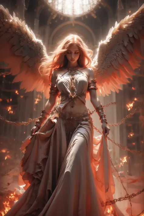 (1girl),(orange_hair:1.1),(zentangle, mandala, tangle, entangle:0.6),woman in angel costumes,<lora:绪å¿-éé¾å¤©ä½¿ Angel:0.8>,dark angel,angel,the most beautiful chaotic form,grace,bright colors,romanticism,atmosphere,extremely delicate and beautiful,extremely meticulous,(josya midelton comics cover art:1.2),(flame skirt:1.2),(super long dragging skirt),whole body,huge wings,(masterpiece,best quality,beautiful and aesthetic:1.2),Seraphim,holy angel,(huge wings:1.2),standing above the clouds,majestically looked down,huge portrait,(giant creatures),a peaceful breath,mysterious light,spirit creatures,(detail fingers),Cherubim,Ophanim,noble,(red color palette),