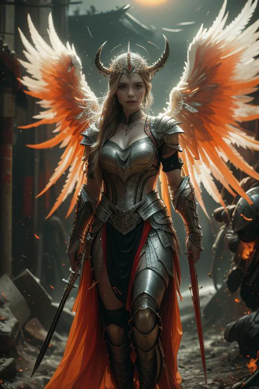 <lora:xuer Angel of the exotic wind_20240118013140:0.8>,
xuer Angel of the exotic wind, (evil:1.4),
blonde, beautiful girl, makeup, (armor, military attire, black and white outfit:1.8),
(night, dark atmosphere, hell on the background, battle, bloody sunset, battle of the immortals, angels and demons:1.4)
((photorealistic:1.6)),masterpiece, illustration, an extremely delicate and beautiful, extremely detailed ,CG ,unity ,8k wallpaper, Amazing, finely detail, masterpiece,best quality,official art,extremely detailed CG unity 8k wallpaper,absurdres, incredibly absurdres, huge filesize, ultra-detailed, highres, cinematic lighting, perfect quality, best eyes, clear face, quality eyes, masterpiece, best quality, beautiful lighting, solo, RAW photo, 8k uhd, film grain, gorgeous quality, best quality,