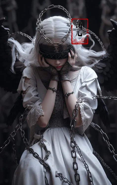 Epic CG masterpiece, a woman dressed in an angelic outfit in chains, delicate face, hdr,dtm, full ha,8K, ultra detailed graphic tension, dynamic poses, stunning colors, 3D rendering, surrealism, cinematic lighting effects, realism, 00 renderer, super realistic, full - body photos, super vista, super wide Angle, rich details, highest quality, extremely exquisite,
Black background1girl, chain, wings, solo, dress, blindfold, white dress, jewelry, veil, choker, ring, own hands together, angel wings, feathered wings, covered eyes, haloblackblindfold,
 <lora:~Q?-Y)O Angel:0.8>