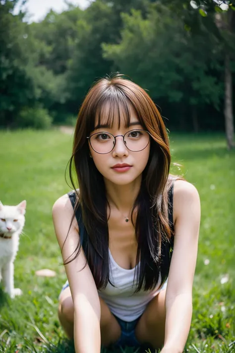 (best quality:1.4), (ultra highres:1.2), (photorealistic:1.4), (8k, RAW photo:1.2),(portrait shot:1.3), pinomyim, 1girl, solo, long hair, looking at viewer, brown hair, brown eyes, full body, on grass, glasses, round eyewear, (cat), bokeh, depth of field, <lora:pinomyim-000004:0.75>