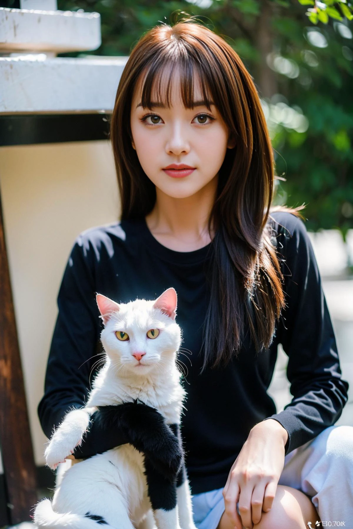 (best quality:1.4), (ultra highres:1.2), (photorealistic:1.4), (8k, RAW photo:1.2),(portrait shot:1.3), pinomyim, 1girl, solo, long hair, looking at viewer, brown hair, brown eyes, (cat:1.4), bokeh, depth of field, black shirt, long sleeves, <lora:pinomyim-000004:0.75>
