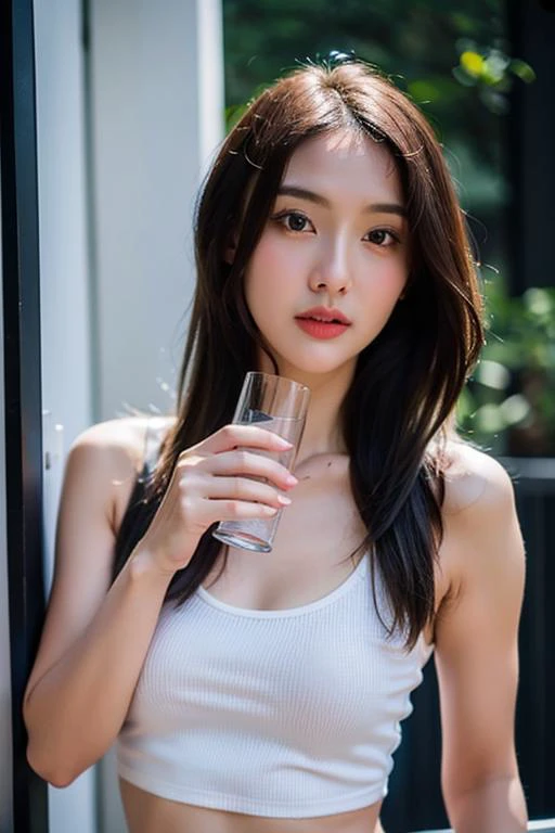 (best quality:1.4), (ultra highres:1.2), (photorealistic:1.4), (8k, RAW photo:1.2),(portrait shot:1.3), pinomyim, 1girl, bare shoulders, black hair, breasts, cup, drinking glass, holding, holding cup, lips, medium breasts, midriff, realistic, long hair, solo, upper body, black tank top, tank top, <lora:pinomyim-000004:0.65>