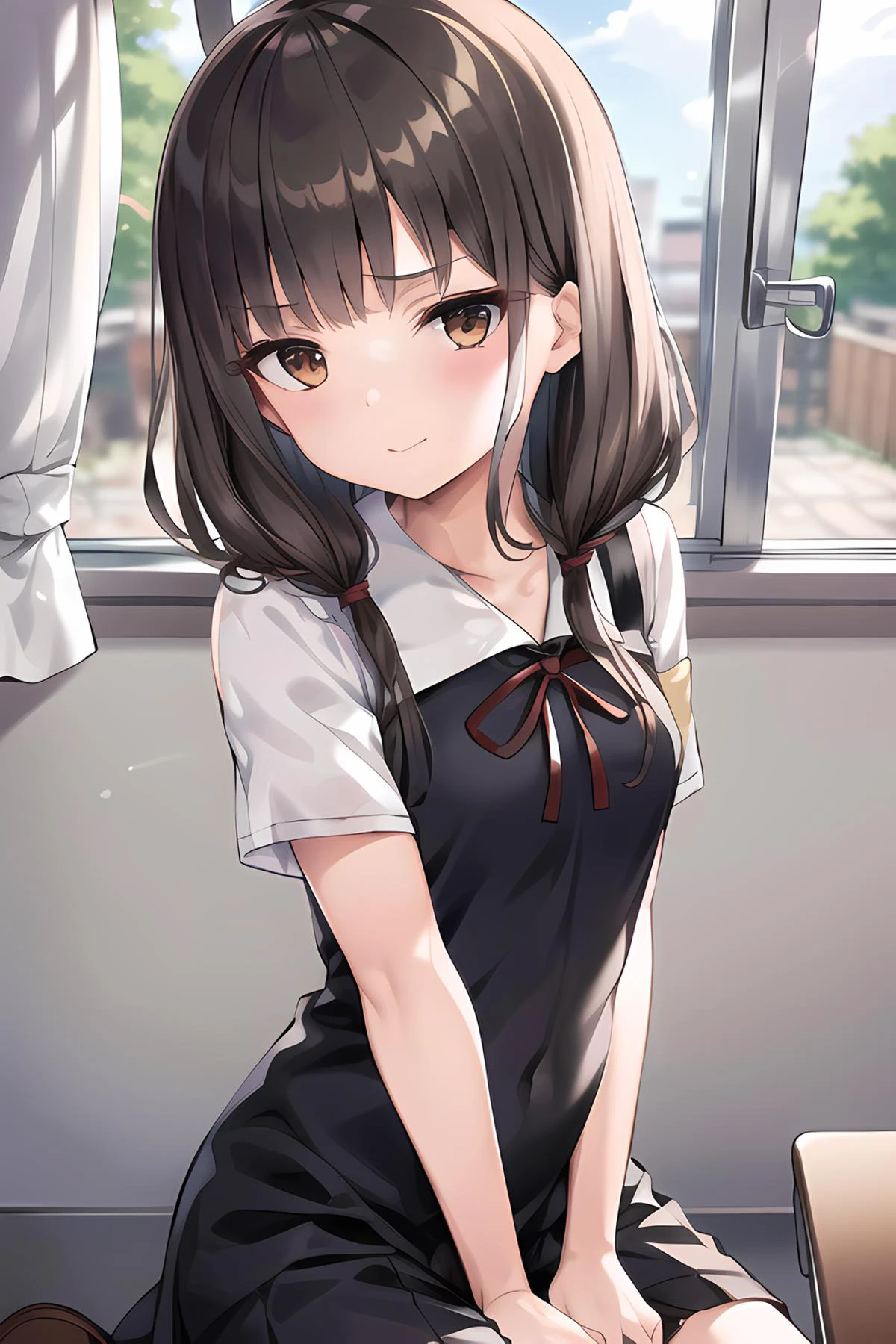(ultra-detailed), 8K, ultra high res, (1girl), finely detailed beautiful eyes, twintails, low twintails, brown eyes, brown hair, eyebrows _visible_through_hair, closed mouth, small breasts, looking at viewer, solo, (shuuchiin academy uniform:1.2), black dress, 1girl, red ribbon, school uniform, slim body, slim thighs, ((masterpiece)), sunshine light, school, classroom, <lora:kaguyaSamaLoveIsWar_imV1:0.7>