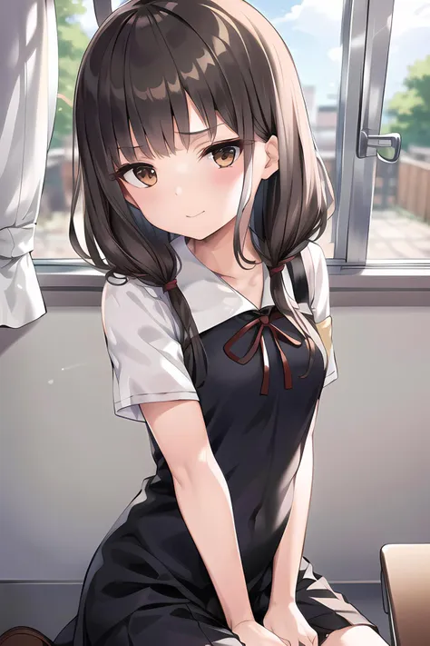 (ultra-detailed), 8K, ultra high res, (1girl), finely detailed beautiful eyes, twintails, low twintails, brown eyes, brown hair, eyebrows _visible_through_hair, closed mouth, small breasts, looking at viewer, solo, (shuuchiin academy uniform:1.2), black dress, 1girl, red ribbon, school uniform, slim body, slim thighs, ((masterpiece)), sunshine light, school, classroom,  <lora:kaguyaSamaLoveIsWar_imV1:0.7>