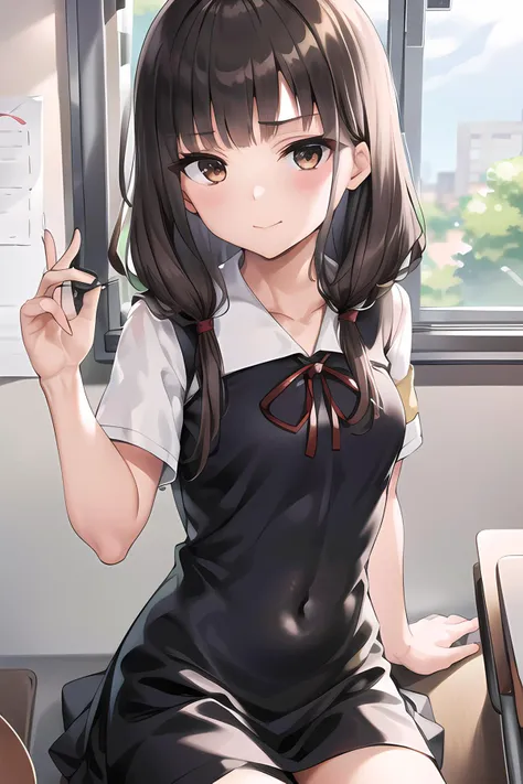 (ultra-detailed), 8K, ultra high res, (1girl), finely detailed beautiful eyes, twintails, low twintails, brown eyes, brown hair, eyebrows _visible_through_hair, closed mouth, small breasts, looking at viewer, solo, (shuuchiin academy uniform:1.2), black dress, 1girl, red ribbon, school uniform, slim body, slim thighs, ((masterpiece)), sunshine light, school, classroom,  <lora:kaguyaSamaLoveIsWar_imV1:0.7>