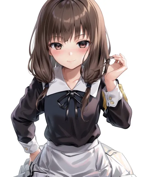 best quality,highly detailed,masterpiece,ultra-detailed,solo,1girl,(white background:1.5),(Delicate eyes),twintails, long_hair,low_twintails, brown_eyes, brown_hair,eyebrows_visible_through_hair, shuuchiin_academy_uniform, bangs, long_sleeves, ribbon, blush,smile