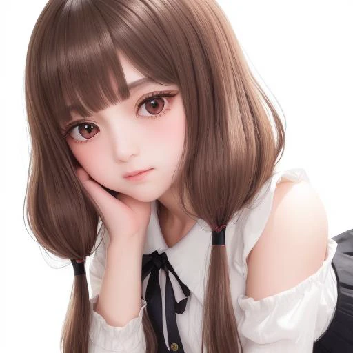 <lora:kaguyaSamaLoveIsWar_imV1:0.5>,best quality,highly detailed,masterpiece,ultra-detailed,solo,1girl,(white background:1.5),(Delicate eyes),twintails,low_twintails, brown_eyes, brown_hair,eyebrows_visible_through_hair,off-shoulder shirt,bangs, long_sleeves, ribbon, blush,expressionless, lying,