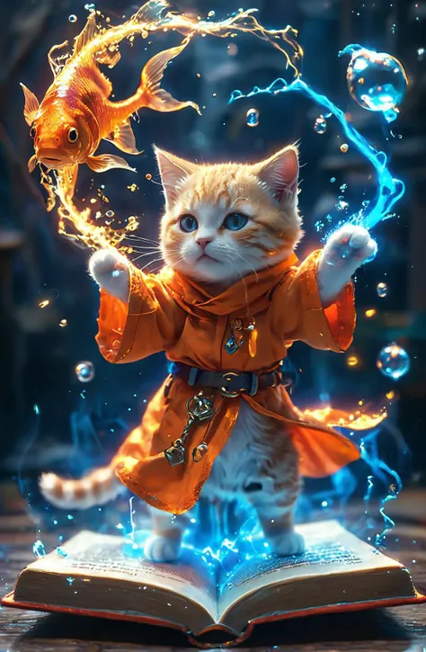 amazing quality, masterpiece, best quality, hyper detailed, ultra detailed, UHD, perfect anatomy, magic world,
(kitten and fish:1.4), fish in the air, spell magic to get fresh fish as food,( fish jumping from magic book:1.3), energy flow,
a full body of a cute kitten, kawaii, wearing witches robe, witches hat, holding magic book, magic book on one hand, spell magic,
<lora:add-detail-xl:1.0>,
<lora:EnvyBetterHiresFixXL01:1.0>,
<lora:extremely_detailed:1.2>, extremely detailed,
<lora:glowneon_xl_v1:0.75> glowneon, glowing,