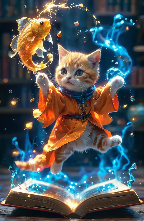 amazing quality, masterpiece, best quality, hyper detailed, ultra detailed, UHD, perfect anatomy, magic world,
(kitten and fish:1.4), fish in the air, spell magic to get fresh fish as food,( fish jumping from magic book:1.3), energy flow,
a full body of a cute kitten, kawaii, wearing witches robe, witches hat, holding magic book, magic book on one hand, spell magic,
<lora:add-detail-xl:1.0>,
<lora:EnvyBetterHiresFixXL01:1.0>,
<lora:extremely_detailed:1.2>, extremely detailed,
<lora:glowneon_xl_v1:0.75> glowneon, glowing,
