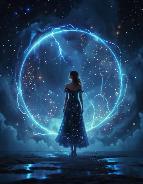 <lora:glowneon_xl_v1:1> glowneon, glowing, sparks, lightning, Dream Scenery,<lora:Dream Scenery XL:1>,Conceptual art,digital art,by Anne Bachelier,a glowing neon-colored circle, A woman wearing a blue long dress with her hair up is standing in the background of a dark blue night sky. Her long dress is decorated with dots of stars,which seem to be the reflection of stars in the night sky. Mystery and romance,starry sky,universe and endless imagination space,realistic and abstract,dreamy and surrealistic,the use of colors is very unique. The dark blue background forms a harmonious unity with the female blue dress,but also highlights the female image,the embellishment of stars adds a hint of vitality and vitality to the picture,making the whole picture more vivid and interesting,unique creativity and exquisite painting,mysterious,romantic and surreal atmosphere,full of imagination,