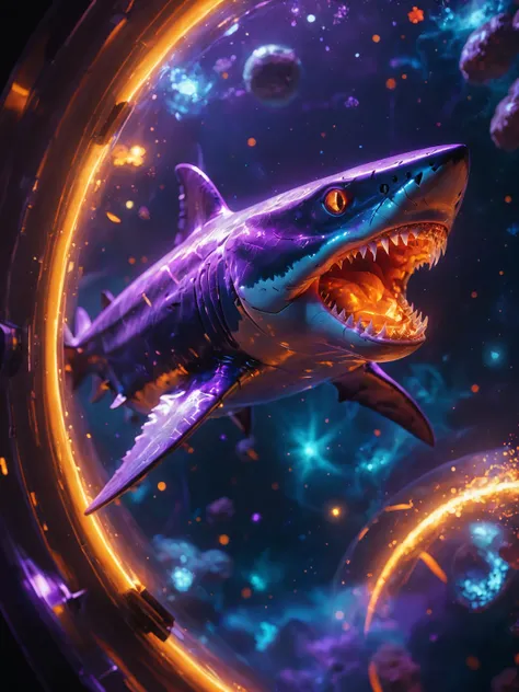 glowneon, cinematic film still, A glowing shark swimming in space, dark amethyst and orange <lora:glowneon_xl_v1:1> <lora:aesthetic_anime_v1s:0.5>