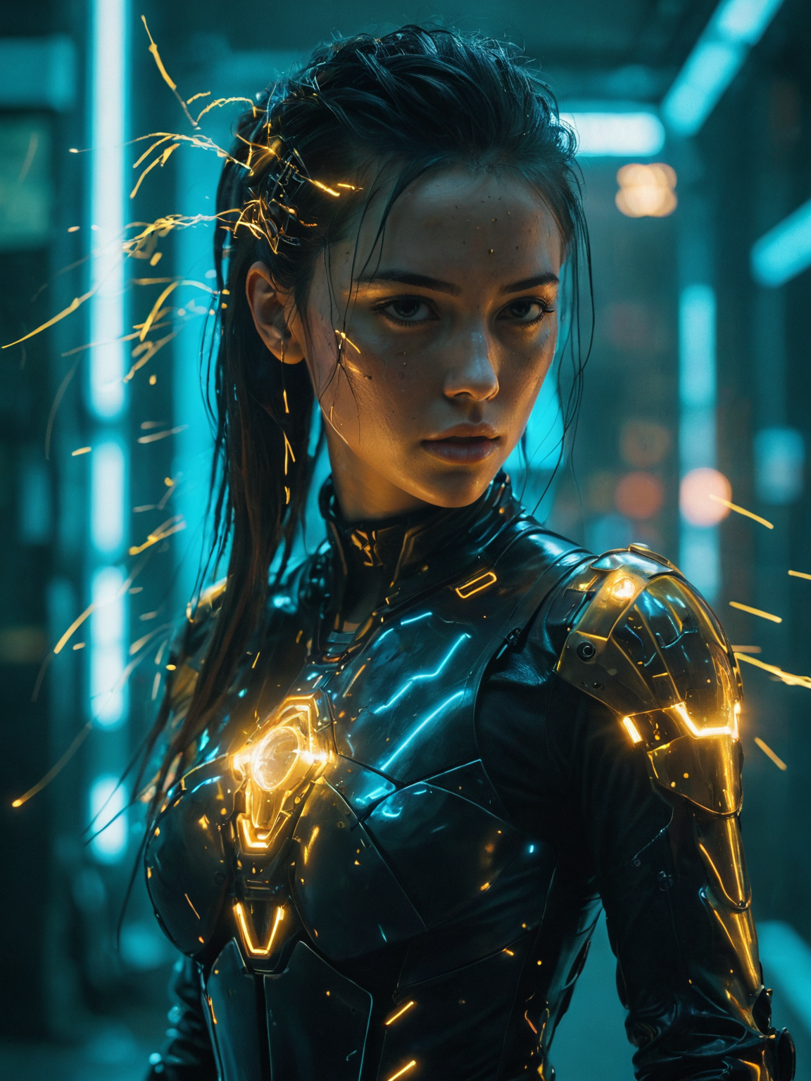 A woman in a futuristic suit with glowing lights on her chest - SeaArt AI