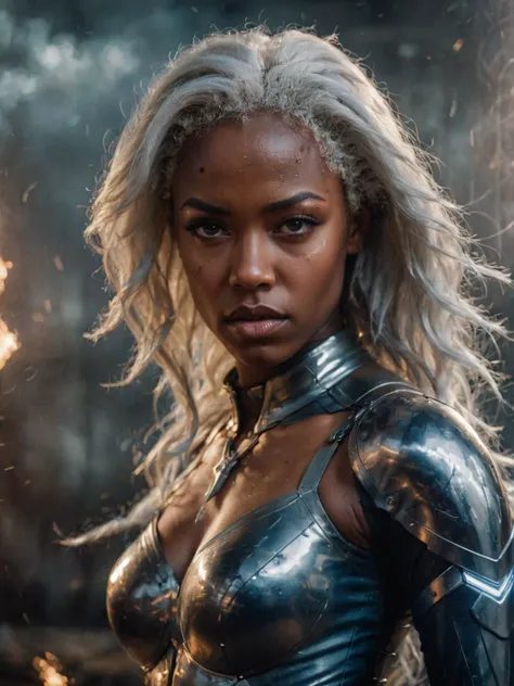 cinematic film still, photo of storm from x-men, dark skinned girl with white hair, lightnings, superpowers, armor, sony fe 12-24mm f/2.8 gm, close up, 32k uhd, light navy and light amber, amazing quality, wallpaper, analog film grain <lora:aesthetic_anime_v1s:0.8> <lora:AnalogRedmondV2-Analog-AnalogRedmAF:0.6> <lora:add-detail-xl:1> <lora:glowneon_xl_v1:0.5>