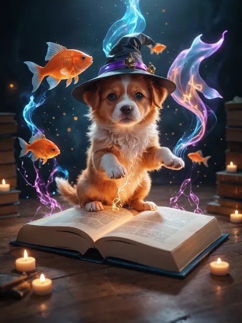 amazing quality, masterpiece, best quality, hyper detailed, ultra detailed, UHD, perfect anatomy, magic world, (doggy and fish:1.4), fish in the air, spell magic to get fresh fish as food,( fish jumping from magic book:1.3), energy flow, a full body of a cute puppy, kawaii, wearing witches robe, witches hat, holding magic book, magic book on one hand, spell magic, <lora:add-detail-xl:1.0>, extremely detailed, <lora:glowneon_xl_v1:0.75> glowneon, glowing