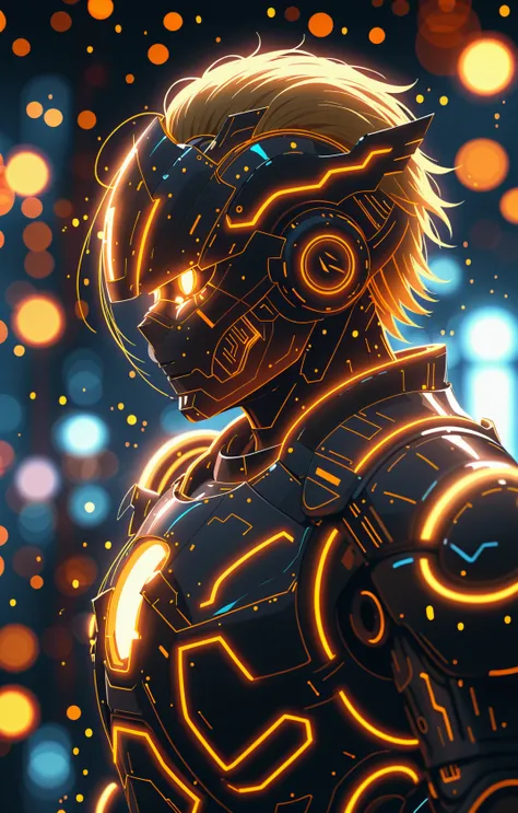 glowneon, 1girl in a mecha suit, samurai face mask, menpo, upper body, emitting sparks and electricity, portrait, white orange armor, blonde shimmering hair, 8K, RAW, best quality, masterpiece, ultra high res, colorful, (medium wide shot), (dynamic perspective), sharp focus , (depth of field, bokeh:1.3), extremely detailed eyes and face, beautiful detailed eyes,large breasts,black gold, trimmed gear,In a futuristic weapons factory, ((masterpiece, best quality)), niji, from side, upper body, hips<lora:glowneon_xl_v1:1>