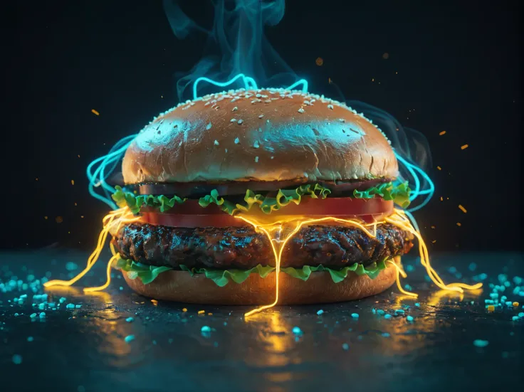 glowneon, hamburger, sparks, dark cyan and yellow <lora:glowneon_xl_v1:1>