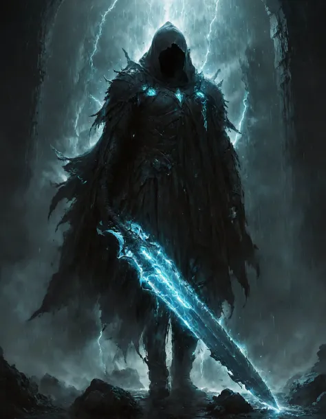 concept art hidden face, mysterious, hooded, full body, dark enigmatic warrior, standing, storm of falling shards, glowing ethereal giant heavy thick sword in hand, warriorâs intricate armor, tattered cloak that billows in the wind, atmosphere is charged with an otherworldly energy, fantasy realism, dramatic lighting, detailed textures to bring the scene to life, <lora:zavy-cntrst-sdxl:1.5>, <lora:- SDXL - vanta-black_contrast_V3.0:0.4>, <lora:glowneon_xl_v1:0.4> . digital artwork, illustrative, painterly, matte painting, highly detailed