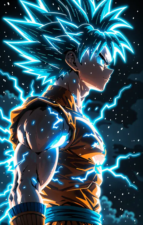 glowneon, Son Goku emitting lightning and sparks, Super Saiyan blue, dark cyan, ((masterpiece, best quality)), niji, from side, upper body, hips<lora:glowneon_xl_v1:1>