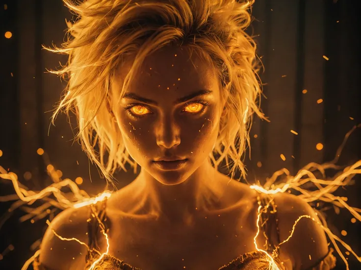 glowneon, photo of a Super Saiyan girl emitting sparks and electricity, dark yellow and orange, glowing eyes, cinematic film still <lora:glowneon_xl_v1:1> <lora:add-detail-xl:0.8>