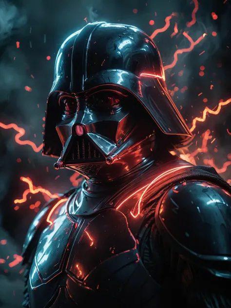 glowneon, glowing storm trooperdarth vader emitting sparks and electricity, dark red, glowing eyes, cinematic film still <lora:glowneon_xl_v1:1> <lora:add-detail-xl:0.8>