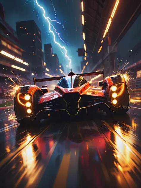 a dynamic perspective, perhaps from ground level or a low angle, to emphasize the speed and power of the racing cars as they zoom past. Use foreshortening to accentuate the sense of depth and movement,  glowneon, glowing, sparks, lightning <lora:glowneon_xl_v1:0.7>