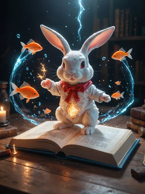 amazing quality, masterpiece, best quality, hyper detailed, ultra detailed, UHD, perfect anatomy, magic world, (bunny and fish:1.4), fish in the air, spell magic to get fresh fish as food,( fish jumping from magic book:1.3), energy flow, a full body of a cute bunny, kawaii, wearing witches robe, witches hat, holding magic book, magic book on one hand, spell magic, <lora:add-detail-xl:1.0>, extremely detailed, <lora:glowneon_xl_v1:0.75> glowneon, glowing