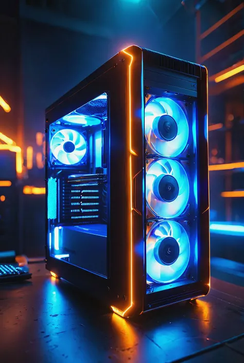 high end PC case, computer parts, blue, glowneon, glowing, sparks, depth of field, (add more details:1.4), <lora:add-detail-xl:1>, Raw photo, realistic, cinematic lighting, soft shadows, sharp focus, fractal, colorful, depth of field, best quality, 16k resolution,  <lora:glowneon_xl_v1:0.8>