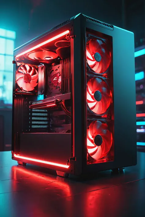 high end PC case, computer parts, red, glowneon, glowing, sparks, depth of field, (add more details:1.4), <lora:add-detail-xl:1>, Raw photo, realistic, cinematic lighting, soft shadows, sharp focus, fractal, colorful, depth of field, best quality, 16k resolution, <lora:glowneon_xl_v1:0.8>